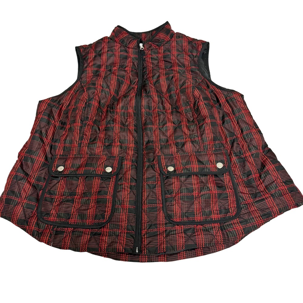 Croft & Barrow Womens 1X Red Black Plaid Quilted Cinch Waist Puffer Vest Zip Up